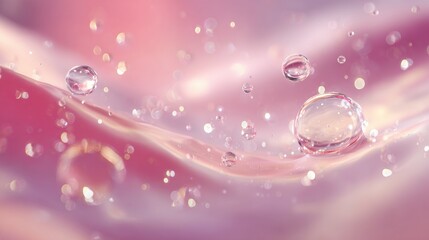 Captivating pink liquid surface with shimmering water droplets and bokeh lights, perfect for beauty and skincare advertising.