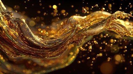Stunning golden liquid splash with shimmering bubbles creates a luxurious, dynamic wave effect perfect for elegant branding and premium product visuals