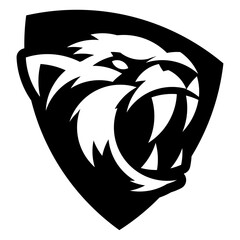 A monochrome roaring tiger inside a dark shield, combining elegance and intimidation, perfect for a strong team emblem.