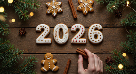 Gingerbread cookies shaped as 2026 with Christmas decorations and cinnamon sticks