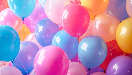 A close-up captures a vibrant cloud of balloons. The assorted colors, including blues, pinks, and yellows, fill the frame, creating a joyful and celebratory feel