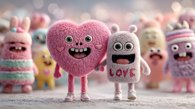 Funny pink heart cartoon characters running high resolution image