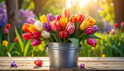 Colorful Tulips in a Bucket, Springtime Garden.
