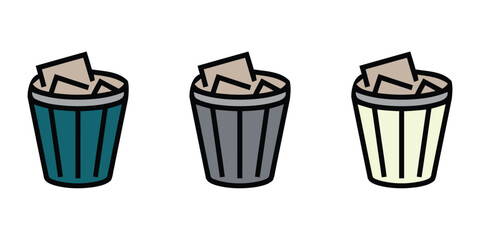 Set of three vector icons showing full trash cans or waste bins overflowing with rubbish and paper. Concepts illustrate wastefulness, disposal, office cleanup, and the need for emptying. Ideal for san