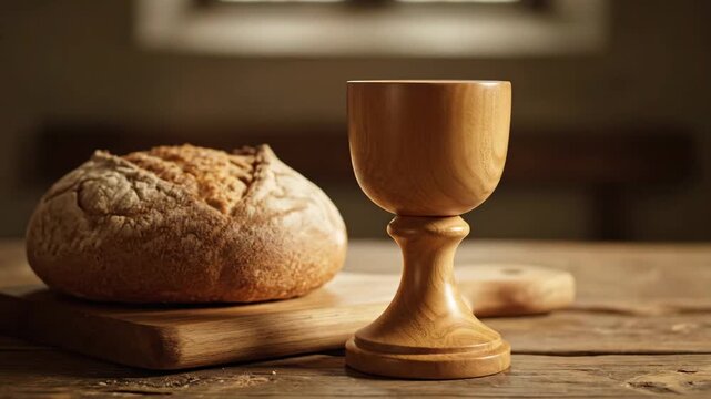 Wooden Chalice and Fresh Bread on Rustic Table - This video showcases a beautifully crafted wooden chalice beside a rustic loaf of bread, resting on a wooden cutting board.