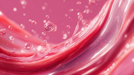 Vibrant pink liquid splash with ethereal bubbles and glossy textures, creating a sense of dynamic motion and luxurious fluidity