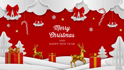 christmas background with paer clouds, bells, snowflakes and 3d reingeers and gift boxes