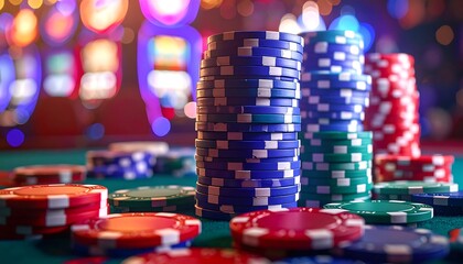 Gambling Chips on Green Table in Casino.