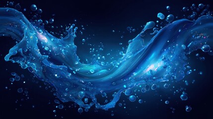 Dynamic blue water splash with luminous bubbles and flowing waves creates a refreshing, vibrant, and energetic visual experience for design projects.