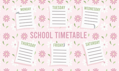 Cute kawaii printable school timetable with pink pastel floral background