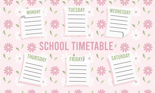 Cute kawaii printable school timetable with pink pastel floral background