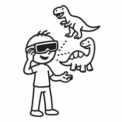 Obraz premium Playful child wearing augmented reality glasses encounters prehistoric dinosaurs in a fun illustration