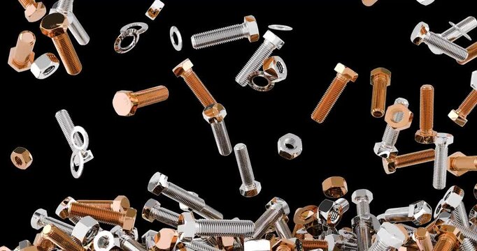 Bolts, nuts and washers falling down and filling the screen with alpha channel. 3D rendering