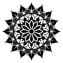 Intricate black and white circular mandala design with geometric patterns and ornate details