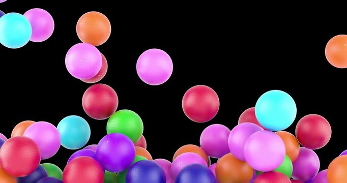 Colored fitballs, fitness balls falling down and filling the screen with alpha channel. 3D animation