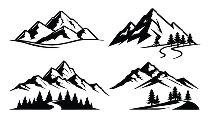 Collection of simple black mountain art icons for outdoor adventure and travel graphics