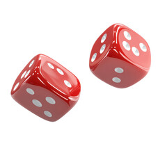 Two red dice with white dots showing different numbers isolated on transparent background