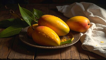 Three Ripe Mangoes on a Plate.