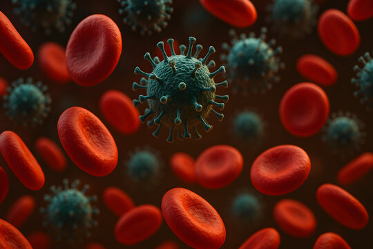 3d illustration of virus particles among red blood cells in human bloodstream, concept of infection, immunity, and medical research, horizontal photo