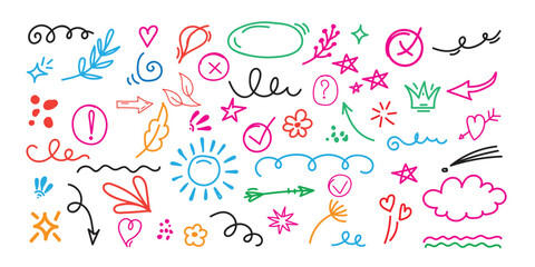  Line cute element set. Hand-drawn sketch doodle style arrow, cloud, star with marker stroke pencil highlight. Doodle sketch heart, star, cloud cartoon sticker shapes