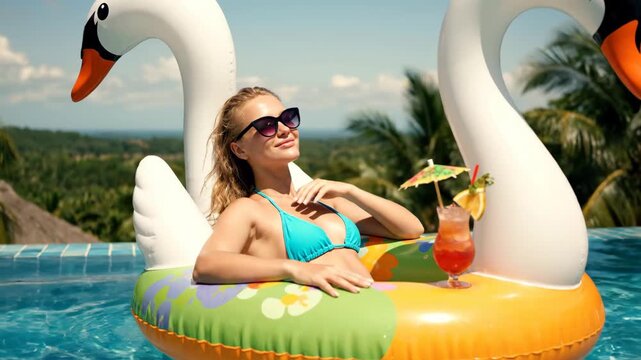 Relaxing in a Pool on a Inflatable Swan - A woman in a turquoise bikini lounges in a vibrant inflatable swan float in a clear pool, sipping a colorful cocktail adorned with a tiny umbrella.