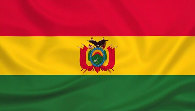 Bolivia national flag with horizontal red, yellow, and green stripes and central coat of arms featuring mountain, llama, and condor.