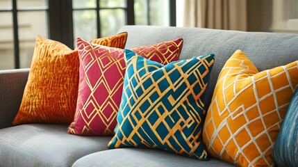 Set of decorative pillows in vibrant colors and geometric patterns arranged on a large grey sofa in a chic living room adding a pop of color and texture to the modern space
