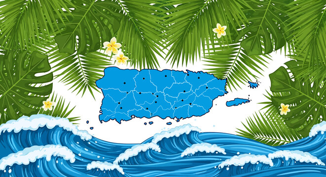 Vibrant Vector Illustration of Puerto Rico Map Amidst Tropical Foliage, Ocean Waves, and Exotic