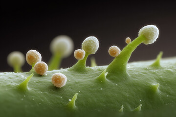 Microscopic View: Plant surface with delicate trichomes featuring a vibrant green backdrop and intriguing bulbous structures.