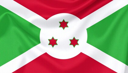 Burundi national flag with white diagonal cross dividing red and green fields, central white circle with three red six-pointed stars outlined in green.
