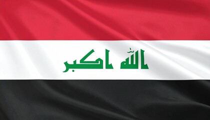 Naklejka premium Iraq national flag with horizontal red, white, and black stripes and green Kufic script reading “Allahu Akbar” on white band.