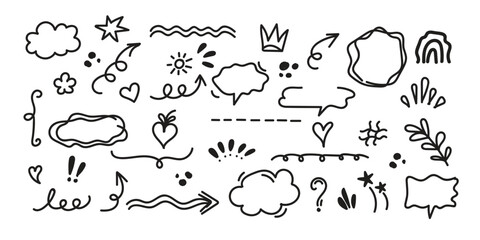  Line cute element set. Hand-drawn sketch doodle style arrow, cloud, star with marker stroke pencil highlight. Doodle sketch heart, star, cloud cartoon sticker shapes