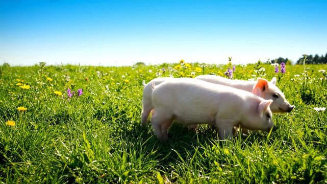 Playful Piglets in a Flower-Filled Meadow - Two adorable piglets are exploring a vibrant green meadow sprinkled with wildflowers under a clear blue sky.