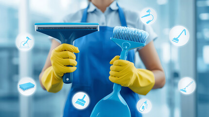 A person in yellow rubber gloves and a blue apron holds cleaning tools, including a window squeegee and dustpan, against a bright, blurred background. Surrounding circular icons of cleaning equipment 