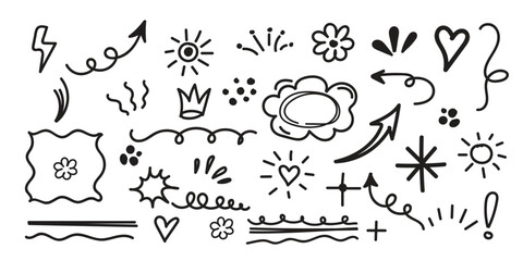  Line cute element set. Hand-drawn sketch doodle style arrow, cloud, star with marker stroke pencil highlight. Doodle sketch heart, star, cloud cartoon sticker shapes