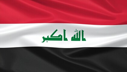 Naklejka premium Iraq national flag with horizontal red, white, and black stripes and green Kufic script reading “Allahu Akbar” on white band.