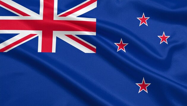New Zealand national flag with blue field, Union Jack in upper hoist corner, and four red stars with white borders representing Southern Cross.