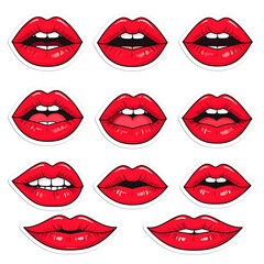 Red Lips Collection, Various Expressions, Pop Art Style.