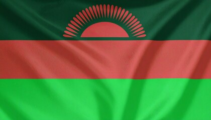 Fototapeta premium Malawi national flag with black, red, and green stripes and red rising sun with 31 rays on top stripe.