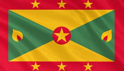 Fototapeta premium Grenada national flag with red border, six yellow stars, central red circle with star, green and yellow triangles, and nutmeg symbol—symbolizing heritage, unity, and agriculture.