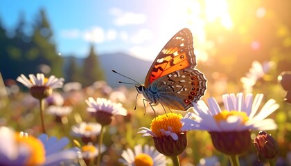 Butterfly on Flower in Sunny Meadow.