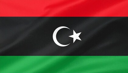 Libya national flag with horizontal red, black (double width), and green stripes featuring central white crescent and star—symbolizing Islam, history, and pan-Arab unity.