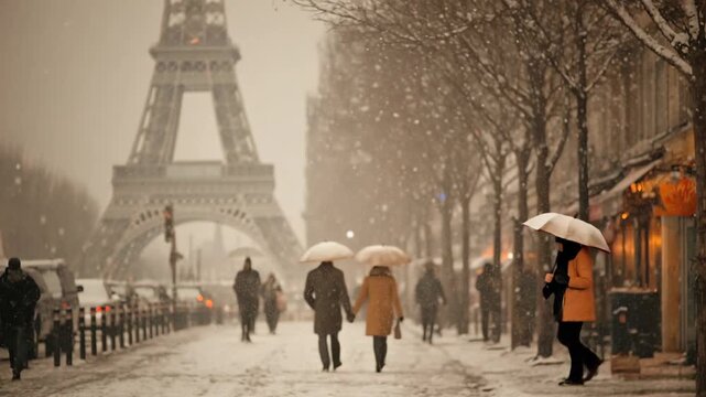 Couple strolling in Paris during a snowstorm with the Eiffel Tower in the background.
