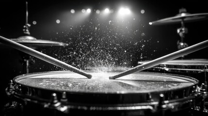 Dynamic drum performance capturing energy and rhythm during an intense musical event with water droplets flying