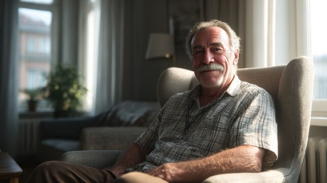 Senior man relaxing in an armchair by the window, enjoying evening light in a cozy living room setting
