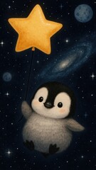 Fototapeta premium Cute penguin holding star mobile wallpaper