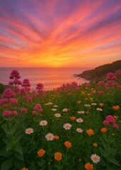 Fototapeta premium Vibrant sunset over floral landscape.