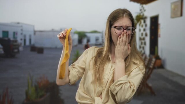 Woman holding yellow sock on a street with outdoor chairs while sniffing odor with a grimace; disgust.