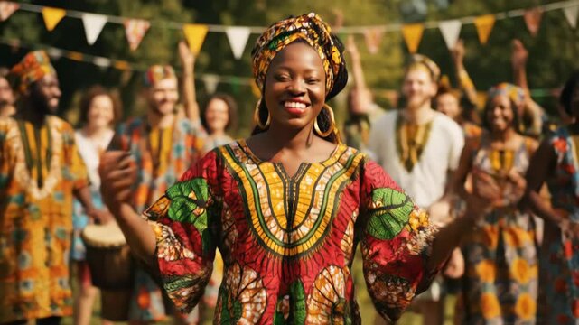 Joyful African Celebration - A vibrant screenshot shows a group of people celebrating outdoors, likely at a festival or cultural event.