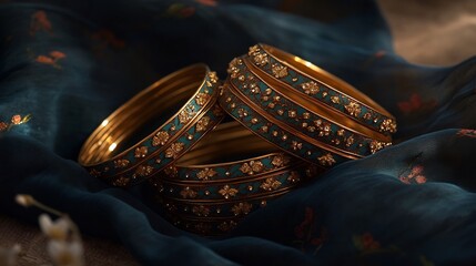 Set of intricately designed gold bangles arranged on a luxurious velvet cloth highlighting traditional craftsmanship with ornate details sparkling under soft light to showcase elegance and heritage